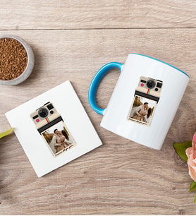 Kişye Özel Polaroid Tasarım Fotoğraflı Mavi Kupa ve Bardak Altlığı