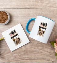 Kişye Özel Polaroid Tasarım Fotoğraflı Mavi Kupa ve Bardak Altlığı