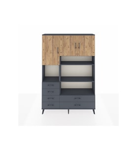 Arges Dolap 9 Raflı 6 Çekmeceli 3 Kapaklı 132x30x195 Antrasit-Çam/Antrasit