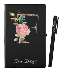Harf Tasarımlı Kişiye Özel Siyah Defter ve Siyah Roller Kalem Seti