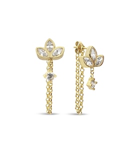 18K Altın Kaplamalı 925 Ayar Gümüş Tasarım Zincirli Lotus Küpe - 12104801