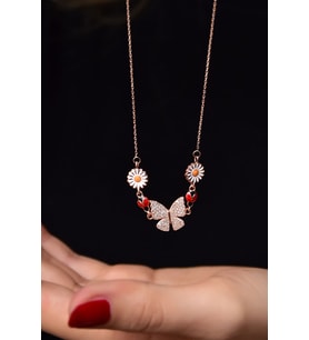 Papatya Silver 925 Ayar Gümüş Rose Kaplama Kelebek Uğur Böceği Papatya Kolye