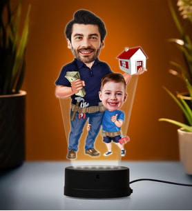 Doğum Günü Hediyesi,Sevgiliye Hediye, Kişiye Özel Fotoğraflı Baba ve Oğul Karikatür 3D Led Lamba (Beyaz)
