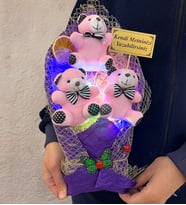 Renkli Led Işıklı Kişiye Özel Pembe Ayıcıklı Büyük Boy Peluş Ayıcık Buketi (Model 2)