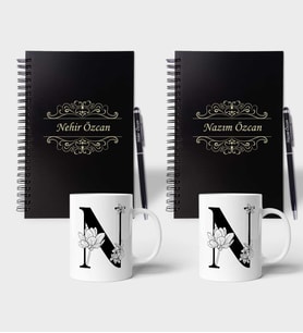 Kişiye Özel Ahşap Siyah Defter Kalem Kupa 2'li Hediye Seti