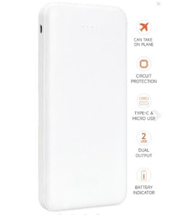 SnapMax SNP-3000 Beyaz 10.000 mah Powerbank 2x USB Çıkışlı 1 Type-C ve 1 Micro Girişli