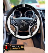 Hyundai Elantra Dikme Direksiyon Kılıfı Parlak Siyah Beyaz Detaylı Beyaz Çift Yüzük ve Dikiş 2011-2016
