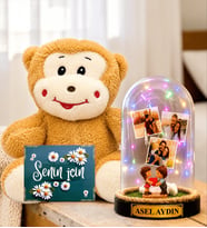 Kişiye Özel 3 Fotoğraflı Renkli LED Işıklı Fanus(kalp tutan aşıklar) ve Peluş Maymun Sevgiliye Hediye Kadına Hediye