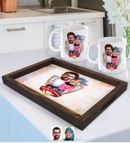 BK Gift Kişiye Özel İsimli Sevgililer Karikatürlü Doğal Ahşap Tepsi ve 2’li Kupa Bardak Seti-58