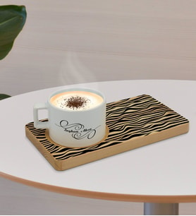 BK Gift Kişiye Özel Modern Art Tasarımlı Doğal Ahşap Tabaklı Seramik Fincan Sunum Seti  Model 18