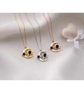 925 Ayar Papatya Silver Ay Güneş Siyah İncili Kolye.rose.gold.rodaj
