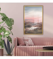 Metal Çerçeveli Temperli Cam Tablo Soft Pembe Göl Manzarası (Gold)