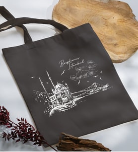 BK Gift İstanbul Tasarımlı Antrasit Kumaş Bez Çanta, Baskılı Omuz Çantası, Alışveriş Çantası, Anneye Hediye-2