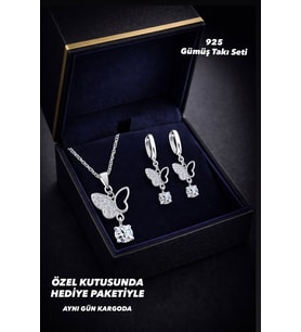 925 Ayar Damgalı Gümüş Kaplama Baget Taşlı Kelebek Tasarım Kolye Küpe Seti (Silver)