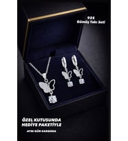 925 Ayar Damgalı Gümüş Kaplama Baget Taşlı Kelebek Tasarım Kolye Küpe Seti (Silver)