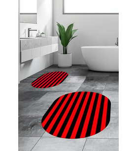 EVDEYA Dijital Yıkanabilir Çizgili Modern İkili Banyo Halısı Paspas Oval Klozet Takımı, OKLOZET-50-KIRMIZI, (Kırmızı)