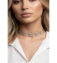 Caş Dekorasyon Gümüş Renk Kalpli Taşlı Choker Kolye