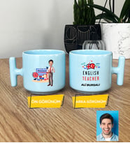 Kişiye Özel Karikatürlü İngilizce Öğretmeni Hediye Pastel T Kupa Erkek İngilizce Öğretmenine Öğretmenler Günü Hediyesi (Mavi)