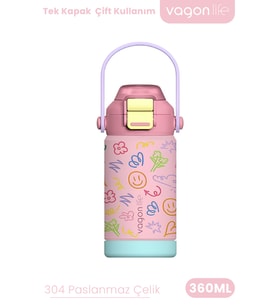 360 ML Çocuk Termosu Tek Kapak Çift Kullanım Pipetli Rahat İçim Kulplu Paslanmaz Çelik Termos 1104-360ML