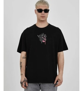 pilelistore- Unisex Bisiklet Yaka Baskılı Oversize T-Shirt - Siyah