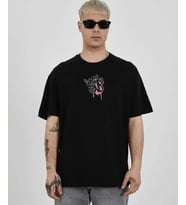 pilelistore- Unisex Bisiklet Yaka Baskılı Oversize T-Shirt - Siyah