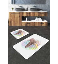 Ekru Fil Desenli Banyo Halısı Klozet 2'li Paspas Seti BS224