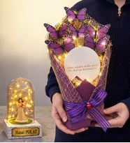 Led Işıklı Aynalı Mor Kelebek Buketi Kişiye Özel Led Işıklı Fanus Hediyeli (Model 2)