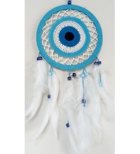 Nazar Boncuğu Motifli Turkuaz Rengi Dream Catcher Beyaz Kuş Tüylü Düş Kapanı Duv