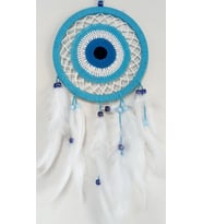 Nazar Boncuğu Motifli Turkuaz Rengi Dream Catcher Beyaz Kuş Tüylü Düş Kapanı Duv