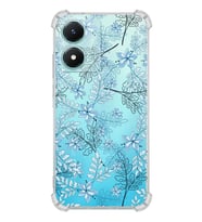 PrintiFy Vivo Y02S Uyumlu Köşe Korumalı Floral Mavi Tasarımlı Şeffaf Silikon Kılıf