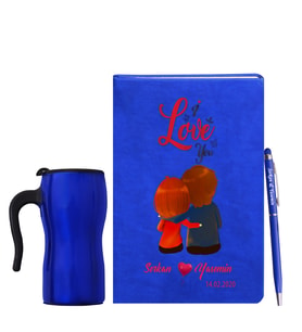 Sevgililer Gününe Özel Mavi Defter Kalem & Termos Mug Hediye Seti 35
