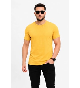 Erkek Basic Tişört Bisiklet Yaka Kısa Kol Günlük Yazlık Slim fit T-Shirt - Sarı