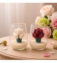 Kırmızı & Beyaz Lale Mum İkili Set – Cam Bardakta Dekoratif Çiçek Mum  Hediye & Nişan