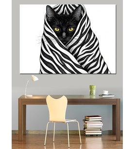 Zebra Desenli Örtü Altında Kedi Dekoratif Kanvas - Mdf Ahşap Tablo