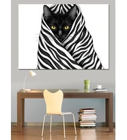 Zebra Desenli Örtü Altında Kedi Dekoratif Kanvas - Mdf Ahşap Tablo