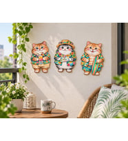Kedi Duvar Süsü Ahşap Dekoratif Tablo UV Baskı Sevimli Kedi Figürü 3'lü Set
