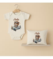 Pia Baby Premium %100 Pamuk İsme Özel Organik Baskılı Çıtçıtlı Bebek Body Ve Yastık Kılıfı 5001-19 (Ekru)