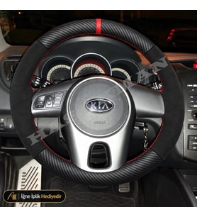 Kia Cerato Dikme Direksiyon Kılıfı Alcantara Süet Mat Karbon Kırmızı Yüzük ve Dikiş TD Concept-Solu Tuşlu 2009-2013