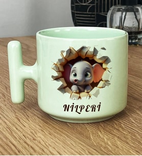 Kişiye Özel 3D Efektli Fil Baskılı Hediye Pastel T Kupa İsimli İsim Yazılı (Yeşil)