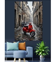 Taş Sokakta Kırmızı Scooter Dekoratif Kanvas - Mdf Ahşap Tablo