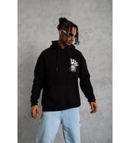 Erkek 3 İplik Pamuklu Kapüşonlu Baskılı Cepli Oversize Sweatshirt Hoodie - Siyah
