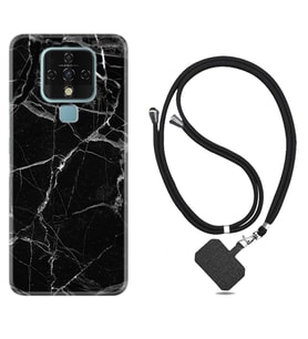 Tecno Camon 16 18P Pova Kılıf Boyun Askılı Silikon Fragile Black Mermer 1378