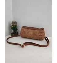 Bowling Bag, Hasır, Silindir, Kadın Omuz Çantası  Taba