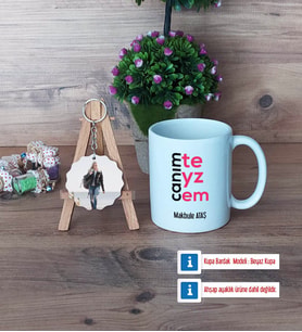 Teyzeye Hediye Kupa Bardak Beyaz ve Fotoğraflı Ahşap Anahtarlık Hediye (Model 1)