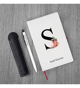 Kişiye Özel Yılbaşı Uv Baskılı Harfli Beyaz Defter ( Kırmızı Kenar ) & Beyaz Tükenmez Kalem