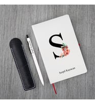 Kişiye Özel Yılbaşı Uv Baskılı Harfli Beyaz Defter ( Kırmızı Kenar ) & Beyaz Tükenmez Kalem