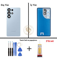 Samsung Galaxy S26 Ultra Mavi Renk Lensli Arka Kapak + Tamir Seti + B7000 Yapıştırıcı Arka Cam Batarya Kapağı Pil Kapağı Lazer Kesim Back Cover Galaxy S26 Ultra Uyumlu
