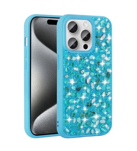 iPhone 15 Pro Kılıf Parlak Taşlı Tasarım Linea Kapak (Mavi)