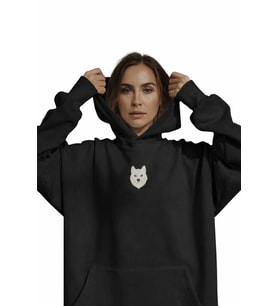 Minimal Husky Desenli Siyah Unisex Kapüşonlu Sweatshirt – DTF Baskı