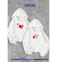 Sevgili Çift Kombini Me&You Puzzle Baskılı Kapüşonlu Sweatshirt 2li Set Takım (Beyaz)